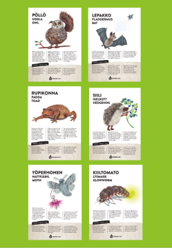 Kuusi erilaista polkutaulua, joissa kaikissa eri eläin ja siihen liittyvä tehtävä.