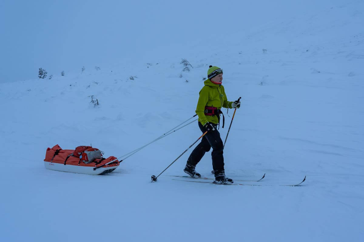 Oikein muotoiltu ahkio on sujuva vetää, ja se puhkoo lunta kevysti. Aisat kiinnittyvät keulan sivuun eikä eteen, mikä parantaa ohjautuvuutta. Hiihtäessä aisoja kannattaa pitää ristissä, jolloin ahkio ohjautuu hiihtäjän perässä eikä oikaise mutkissa tai takerru puihin. Kuva: Sampsa Sulonen.