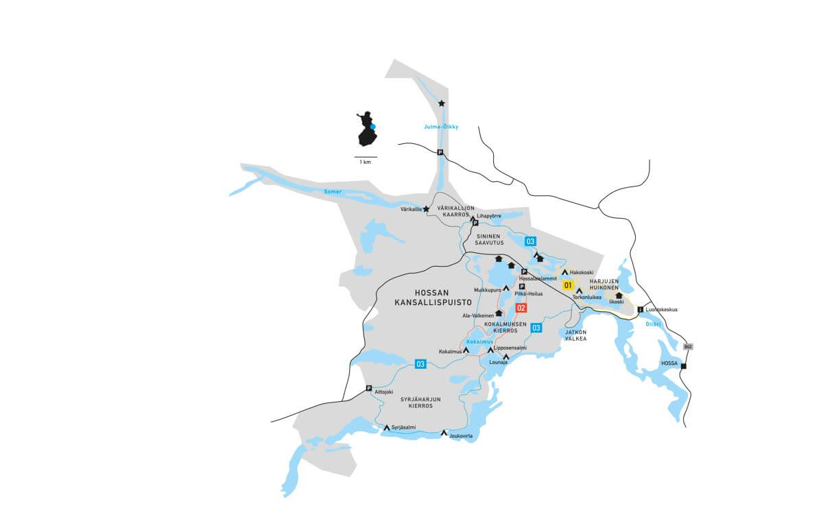 [01] Harjujen huikonen (12,5 km), [02] Kokalmuksen kierros (14 km) ja [03] Sininen saavutus (50 km) ovat Hossan kansallispuiston parhaat reitit.