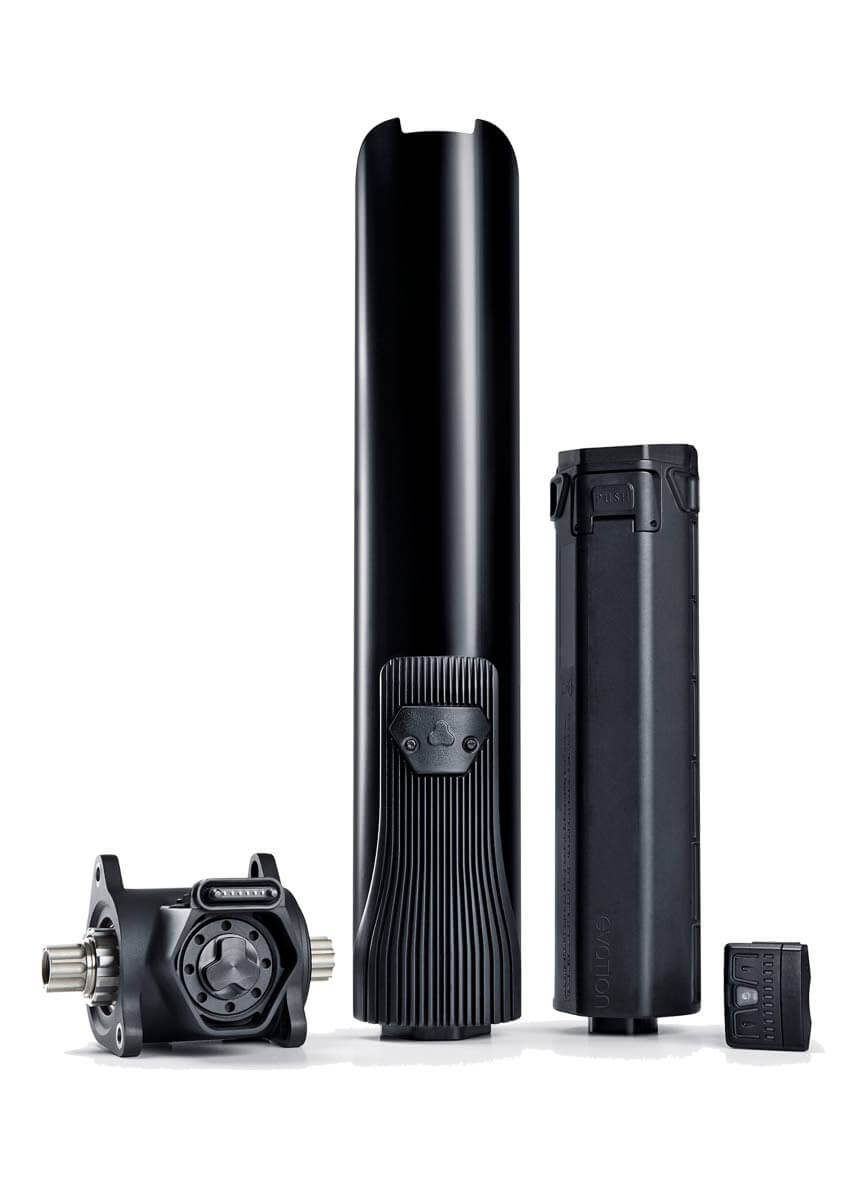 Fazua Evation. 250 W / 60 Nm keskimoottori ja 250 Wh akku ovat kokonaan irrotettavissa. 4.6 kg