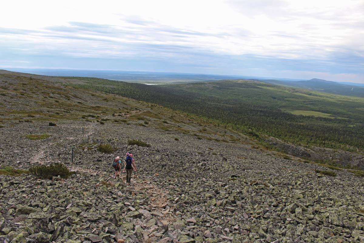 Laskeutumassa Noitatunturilta. Oikealla näkyy Ukko-Luosto, jonka juurella on vaelluksemme päätepiste. Kuva: Jouni Laaksonen.