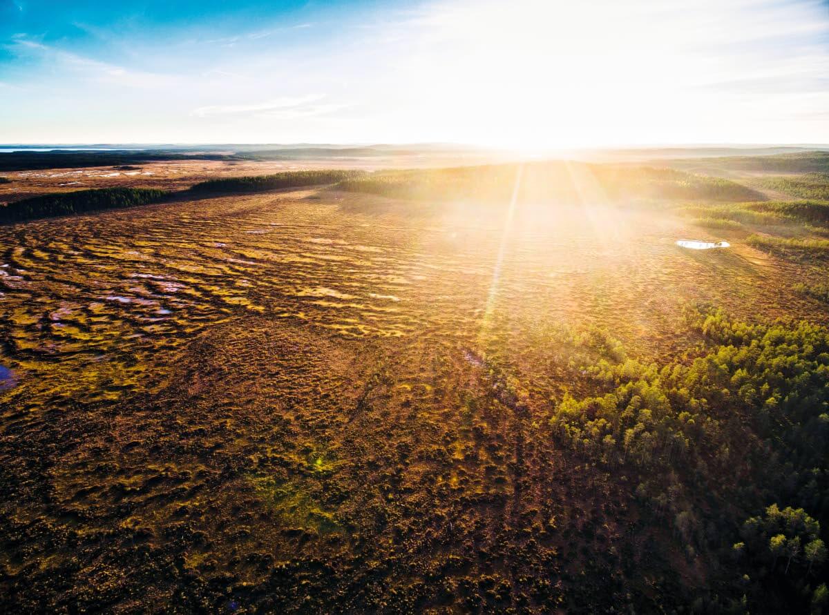 Aurinko laskee Patvinsuon taakse Patvinsuon kansallispuistossa