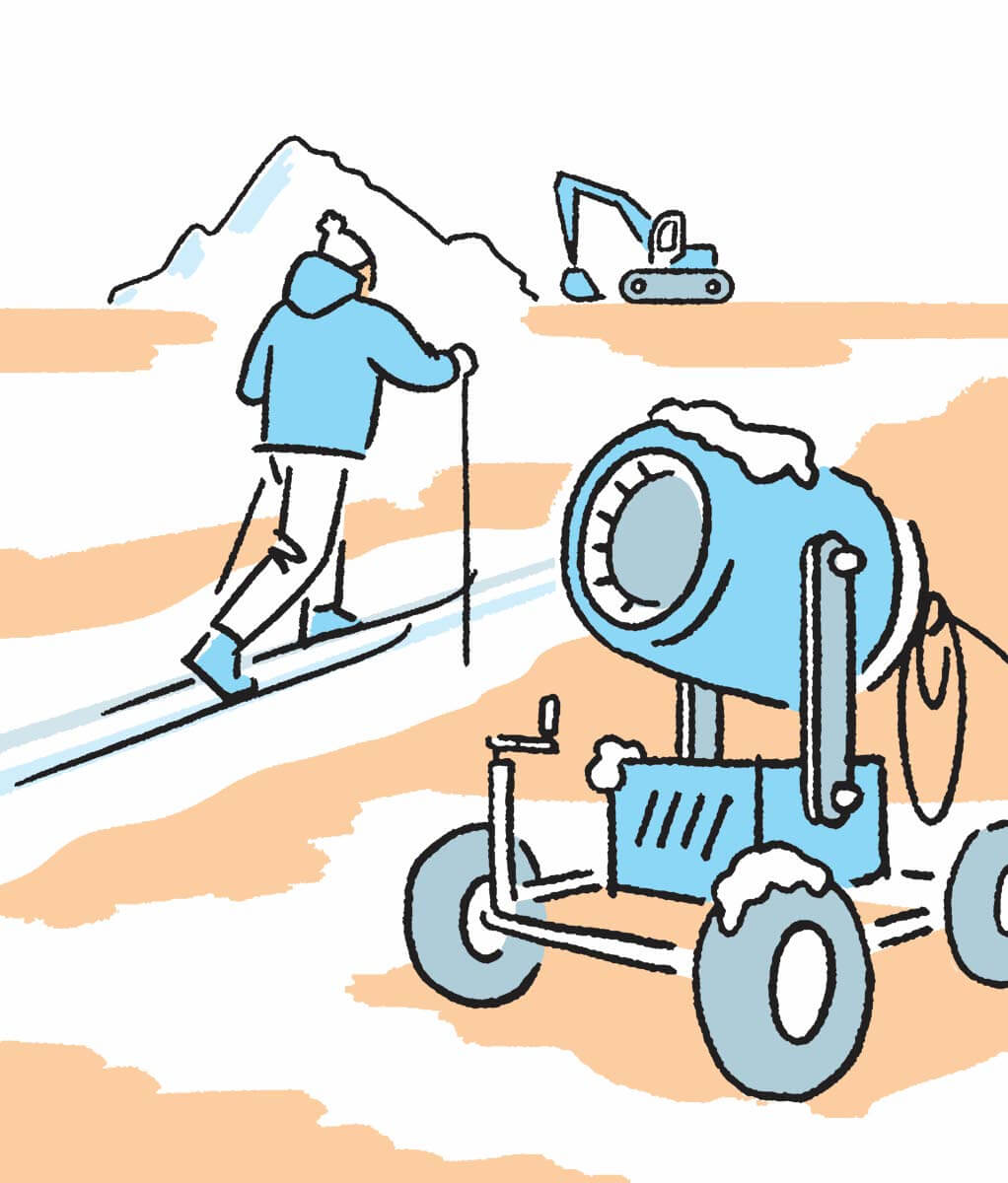 Jos luonnonlunta on liian vähän, hiihto-olosuhteet pystytään takaamaan tykkilumella, yleensä muutamien kilometrien pituisilla laduilla. Kesän yli varastoitu tykkilumi taas levitetään maastoon loka-marraskuussa. Kuva: Timo Leppänen.