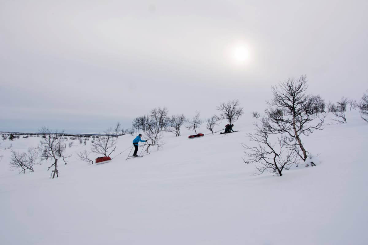 Kerran ajettu kelkkajälki ei kanna, joten ei auta kuin kontata
