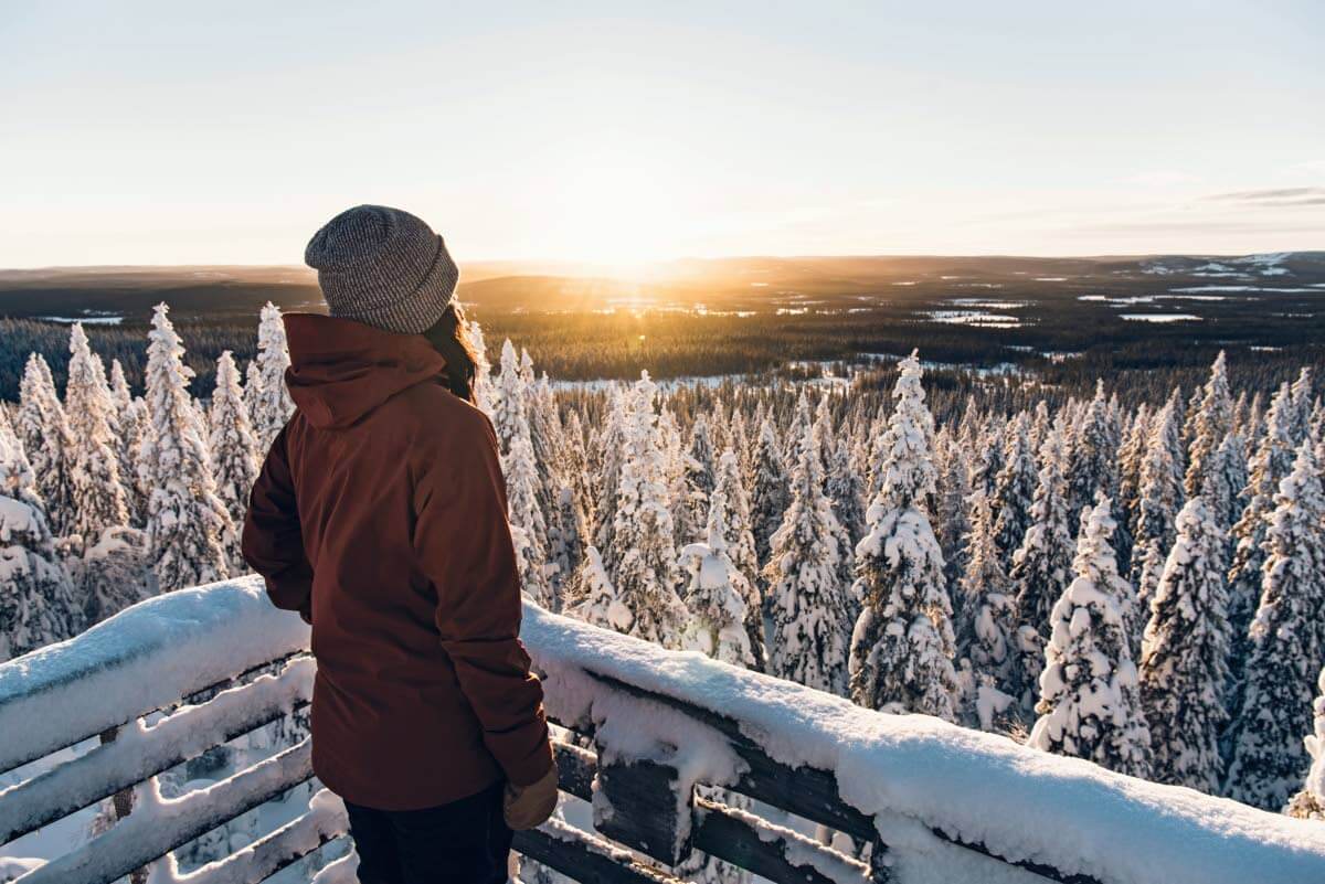 Ahmavaaran näköalatorni tarjoaa hulppeat maisemat tykkypuiden yltä. Varsinkin helmikuussa tykkypuut ovat täydessä loistossaan, ja latu Ahmavaaralle hyvässä kunnossa.
