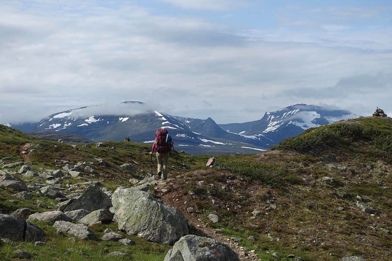 Matkalla Gappohyttalle. Polku ei ole kovin leveä, mutta se on selkeä ja merkitty punaisin T-kirjaimin. Kuva: Jouni Laaksonen.