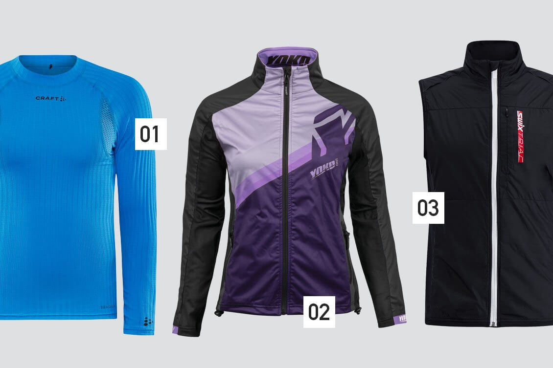 Maastohiihto: [01] Craft Active Extreme on korkean intensiteetin talvilajeihin suunniteltu polyesterikerrasto. [02] Yoko One -hiihtotakin etuosa on tuulenpitävää softshell-kangasta ja selkäpuoli joustavaa stretchiä. [03] Swix Triac Alpha -liivissä on tuulenpitävä kangas ja hyvin hengittävä Polartec Alpha -eriste. Takana ja sivuilla on joustavat softshell-paneelit.