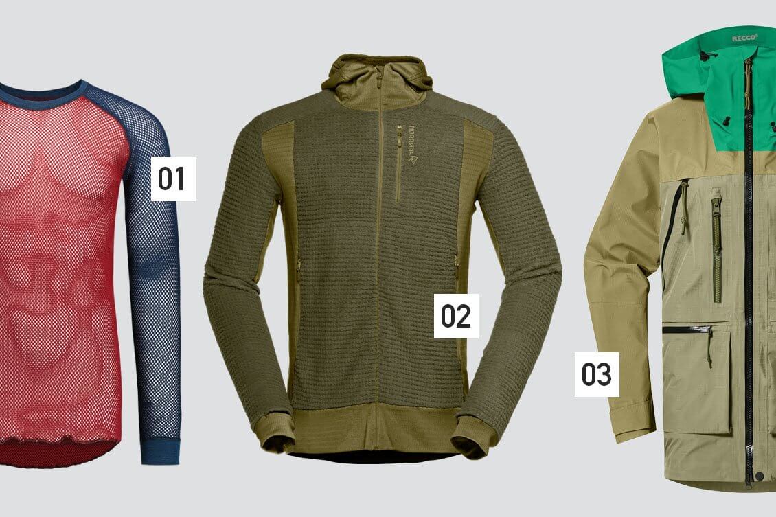 Laskettelu: Verkkokankaasta valmistettu [01] Svala Airbase -kerrasto sitoo ja tasaa lämpöä. Polypropyleeni ei ime lainkaan kosteutta, vaan siirtää sen ulompiin kerroksiin. Polartec Alpha -materiaalista valmistettu [02] Norrøna Falketind Alpha 120 on hengittävä, korkean intensiteetin lajeihin suunniteltu välikerrosfleece. Gore-Tex Pro -materiaalista valmistetussa [03] Haglöfs Vassi GTX Pro -laskettelutakissa on lumilukko, tuuletukset ja lajiin sopivat leikkaukset.