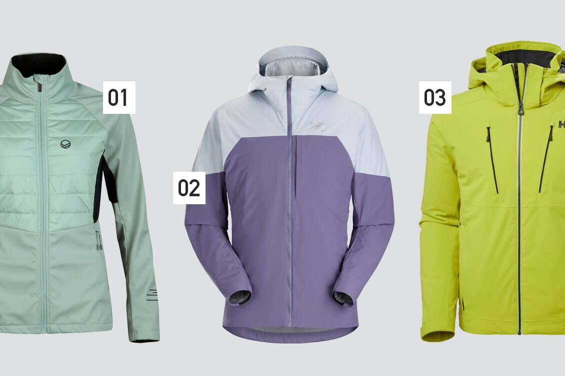 Hybridi: [01] Halti Vinha on tuulenpitävä hybriditakki maastohiihtoon. Tikkipaneelit lämmittävät rintaa, ja lapojen puolella on hengittävä trikookangas. Arc’teryxin Kevyesti topatussa [02] Proton Hybrid Hoody -takissa yhdistyvät synteettinen Coreloft-täyte ja tuulenpitävä Gore-Tex Infinium kalvo. [03] Helly Hansen Alpha 4.0 -laskettelutakissa yhdistyvät kuori- ja välikerros. Primaloft-vanu toimii eristeenä siellä missä sitä eniten tarvitaan.