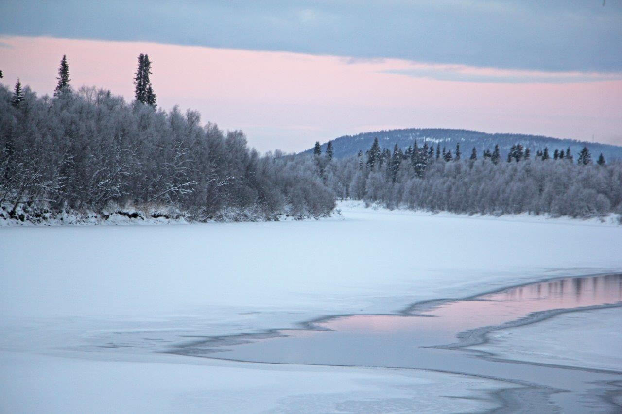 Kaamoksen pehmeässä valossa Ivalojoen luonteenpiirteet nousevat kauniisti esiin. Näitä ovat joen mutkittelu, rantametsien koivikot ja niiden seasta kohoavat kynttiläkuuset. Kuva: Matti Mela.