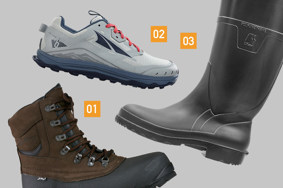 [01] Lundhags Jaure II Mid, [02] Altra Lone Peak 6, [03] Sievi Light Boot,Jaure II on Lundhagsin lippulaiva. Naisten malli on nimeltään Mira.