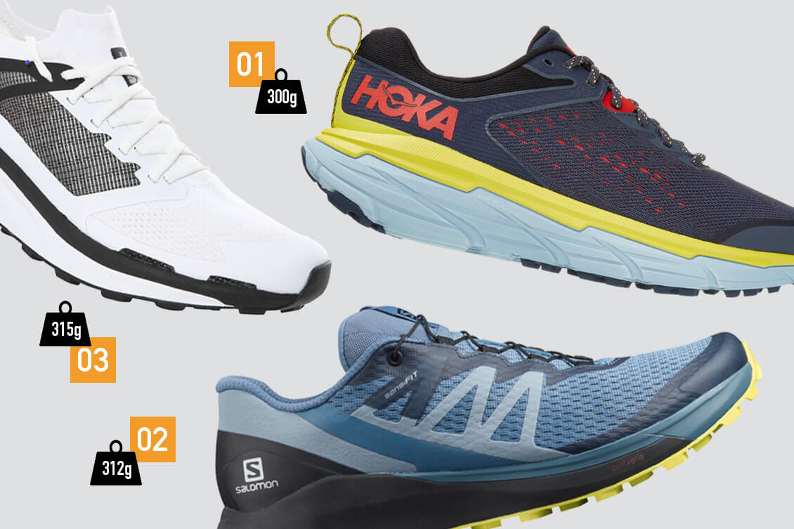 [01] Hoka One One Challenger 6 [02] Salomon Sense Ride 4 [03] The North Face Flight Vectiv. Kenkien paino on mitattu US10-koon testikengälle.