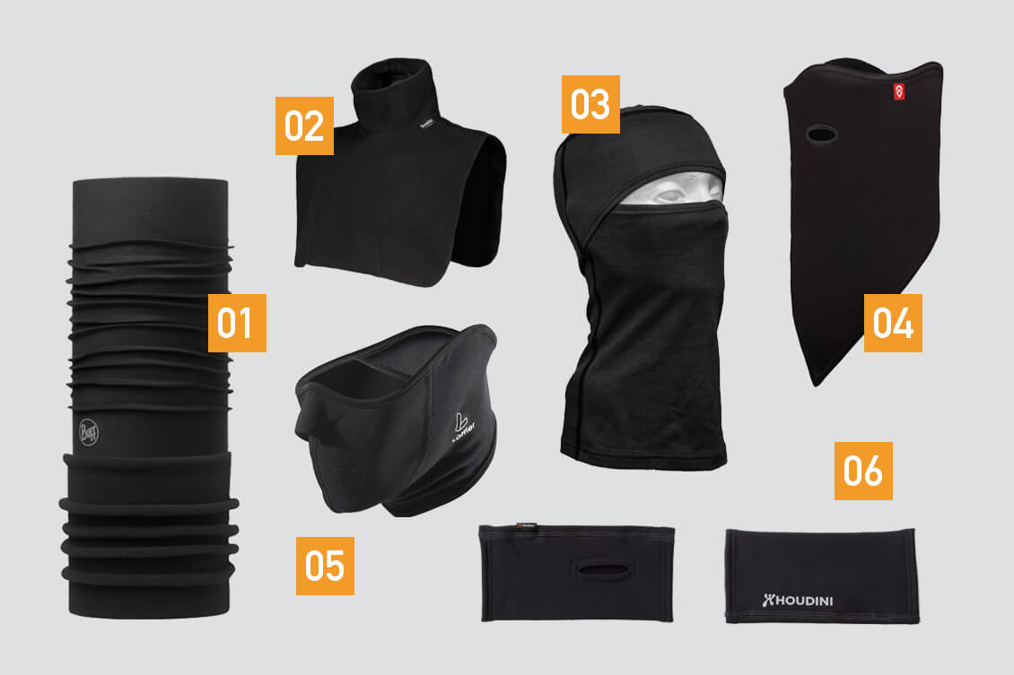 [01] Polar Buff [02] Svala Windproof -kauluri [03] Varusteleka Särmä TST -kypärähuppu [04] Airhole Standard Facemask [05] Löffler Face Mask [06] Houdini Wrist Gaiters,Elämän lämpömaski.