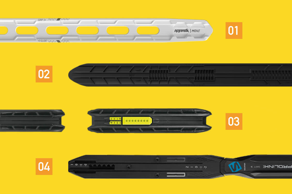 Siteen asennuslevyt: [01] NIS 2.0, [02] NIS (Nordic Integrated System), [03] IFP (Integrated Fixation Plate) ja [04] PSP (Prolink Shift Plate).