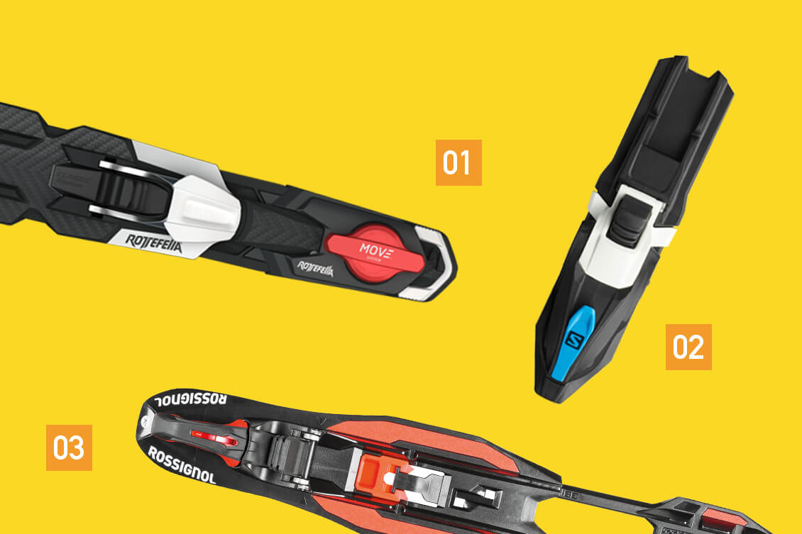 Siirrettävät siteet: [01] Rottefella Move, [02] Salomon Prolink Shift ja [03] Rossignol Turnamic Race.