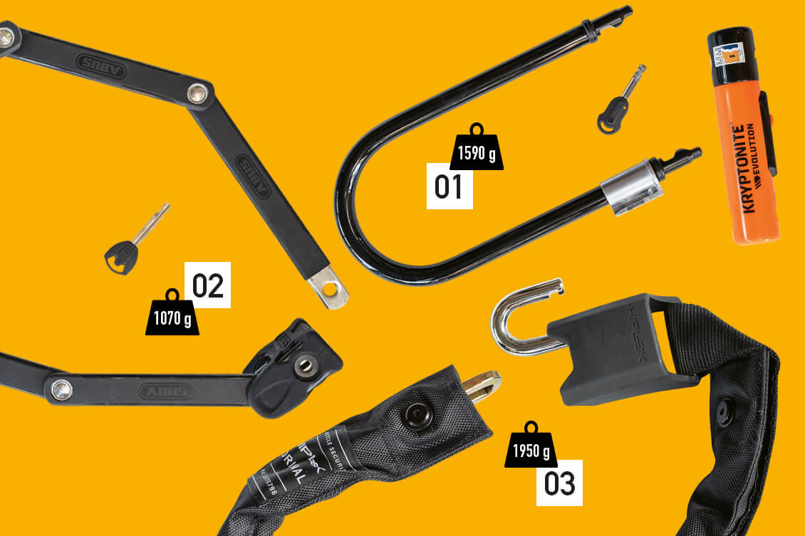 [01] Kryptonite Evolution Standard [02] Abus Bordo 6000, [03] Hiplok Original.