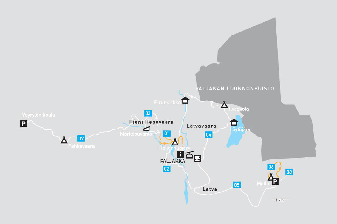 [01] Valaistu 6,5 km, [02] Rakennusjärven latu 6,5 km, [03] Hepovaaran latu 12 km, [04] Latvavaaran latu 16 km, [05] Paljakka-Metla yhdyslatu 9 km, [06] Ensilumenlatu 3,4 km, [07] Pahkavaaran latu 13 km, [08] Paljakka-Ukkohalla 30 km.