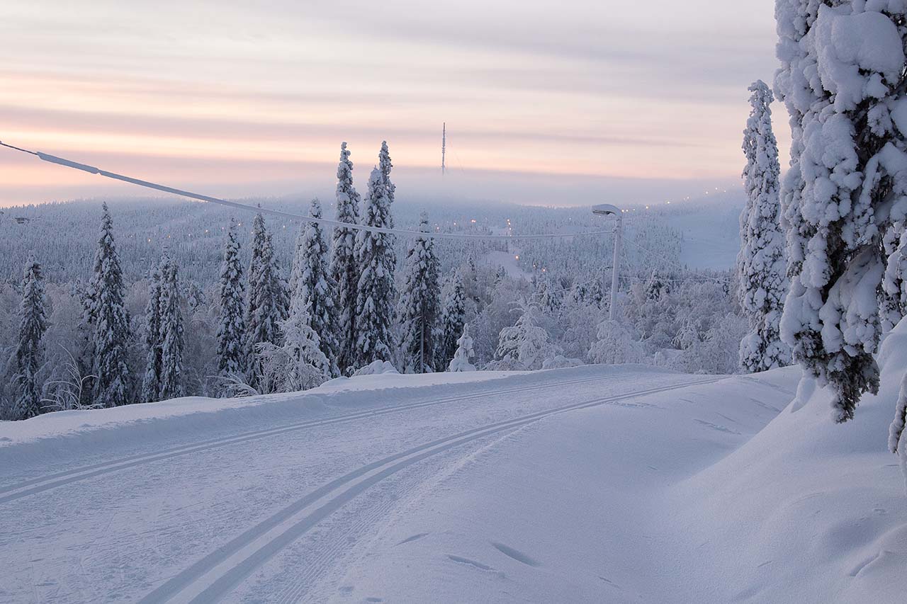 Usvaan piiloutuva Rukatunturi nähtynä Vuosselin ladulta. Kuva: Tapani Leppänen.