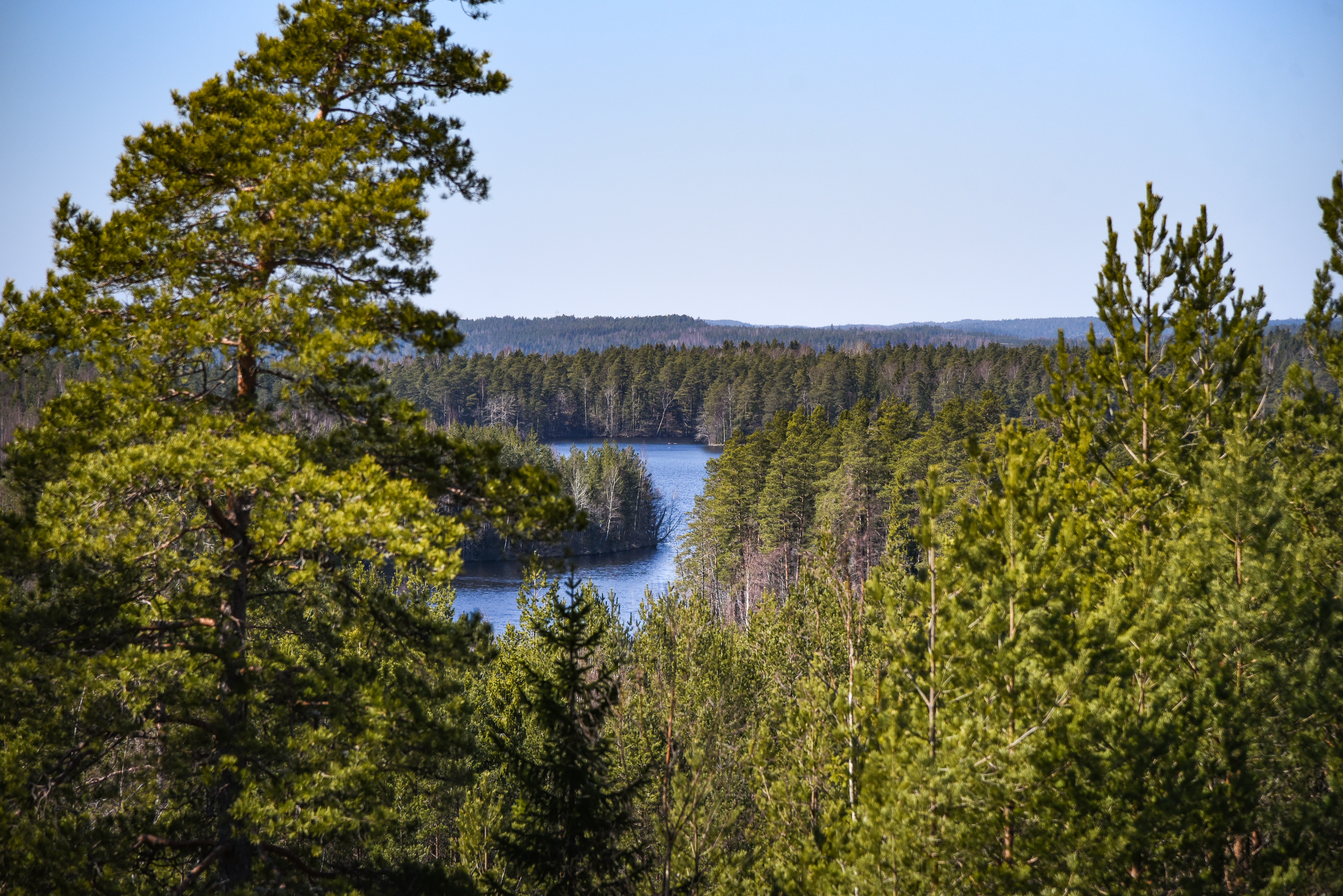 Reitin varrella on myös hieno näköalapaikka, kun maisema avartuu korkealta, karulta kalliolta kohti järveä ja sitä ympäröiviä metsiä.