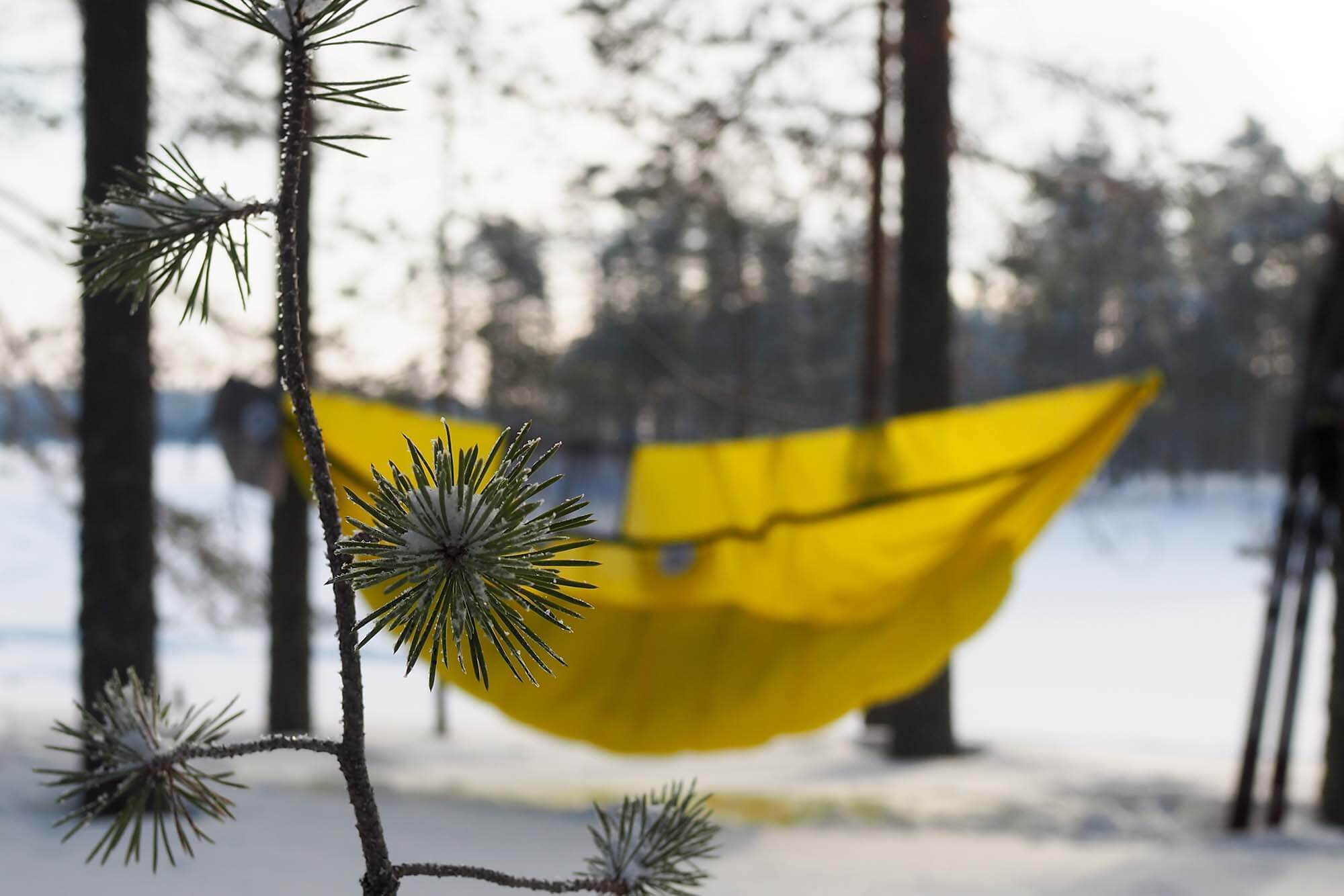 Riippumatto kelpaa majoitteeksi kovallakin pakkasella. Kuva: Terhi Ilosaari.