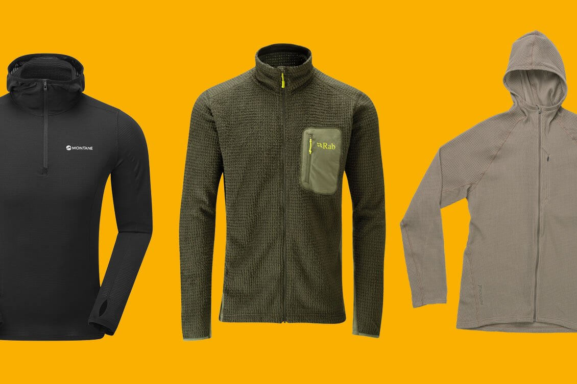 [01] Montane Allez Micro Hoodie, [02] Rab Alpha Flash Jacket, [03] Houdini Pace Flow Houdi,[01] Polartec Power Grid, [02] Polartec Alpha Direct, [03] Polartec Power Dry Mesh.